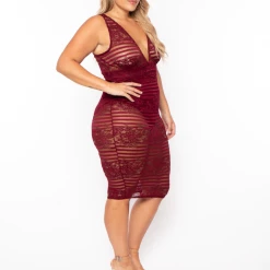 Curvy Sense Dresses Plus Size Bonnie Striped Lace Plunge Dress - Burgundy