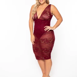 Curvy Sense Dresses Plus Size Bonnie Striped Lace Plunge Dress - Burgundy