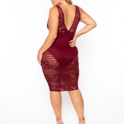 Curvy Sense Dresses Plus Size Bonnie Striped Lace Plunge Dress - Burgundy