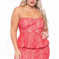 Curvy Sense Plus Size Caleta Crochet Peplum Dress - Red