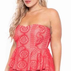 Curvy Sense Plus Size Caleta Crochet Peplum Dress - Red