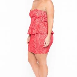 Curvy Sense Plus Size Caleta Crochet Peplum Dress - Red