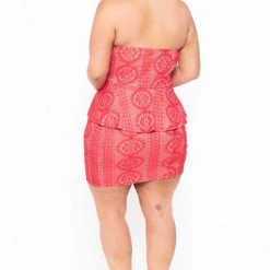 Curvy Sense Plus Size Caleta Crochet Peplum Dress - Red