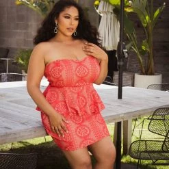 Curvy Sense Plus Size Caleta Crochet Peplum Dress - Red