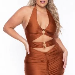 Curvy Sense Party Shop Plus Size Charlize Halter Dress - Rust