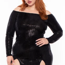 Curvy Sense Party Shop Plus Size Hannah Sequins Slit Dress - Black