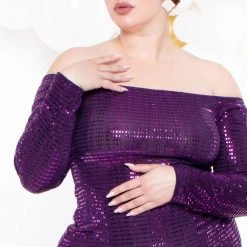 Curvy Sense Plus Size Hannah Sequins Slit Dress - Purple