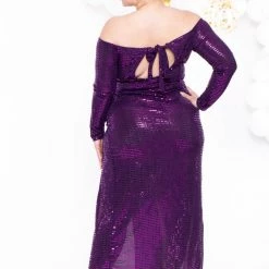 Curvy Sense Plus Size Hannah Sequins Slit Dress - Purple