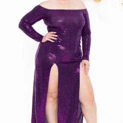 Curvy Sense Plus Size Hannah Sequins Slit Dress - Purple