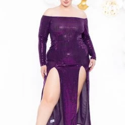 Curvy Sense Plus Size Hannah Sequins Slit Dress - Purple