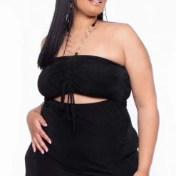 Curvy Sense Plus Size Cleo Ruched Ring Dress - Black Party Shop