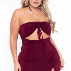 Curvy Sense Plus Size Cleo Ruched Ring Dress - Burgundy Party Shop