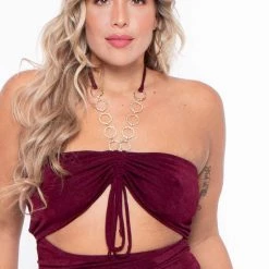 Curvy Sense Plus Size Cleo Ruched Ring Dress - Burgundy Party Shop