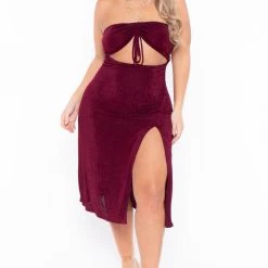 Curvy Sense Plus Size Cleo Ruched Ring Dress - Burgundy Party Shop