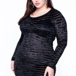 Curvy Sense Plus Size Crushed Velvet Striped Mesh Dress - Black