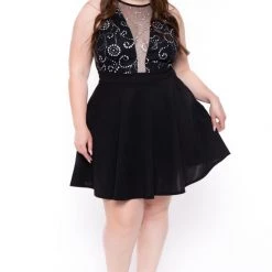 Curvy Sense Plus Size Daisy Sparkle Flare Dress- Black Little Black Styles