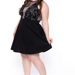Curvy Sense Plus Size Daisy Sparkle Flare Dress- Black Little Black Styles
