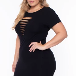 Curvy Sense Plus Size Destroyed Bodycon Dress- Black