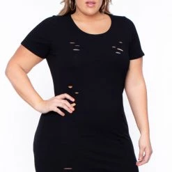 Curvy Sense Most Loved Plus Size Destroyed Tee Dress - Black