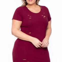 Curvy Sense Plus Size Destroyed Tee Dress - Burgundy