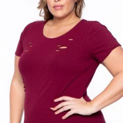 Curvy Sense Plus Size Destroyed Tee Dress - Burgundy