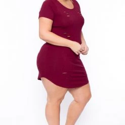 Curvy Sense Plus Size Destroyed Tee Dress - Burgundy