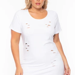 Curvy Sense Most Loved Plus Size Destroyed Tee Dress - White