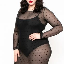 Curvy Sense Plus Size Dotted Mesh Bodycon Dress - Black Little Black Styles