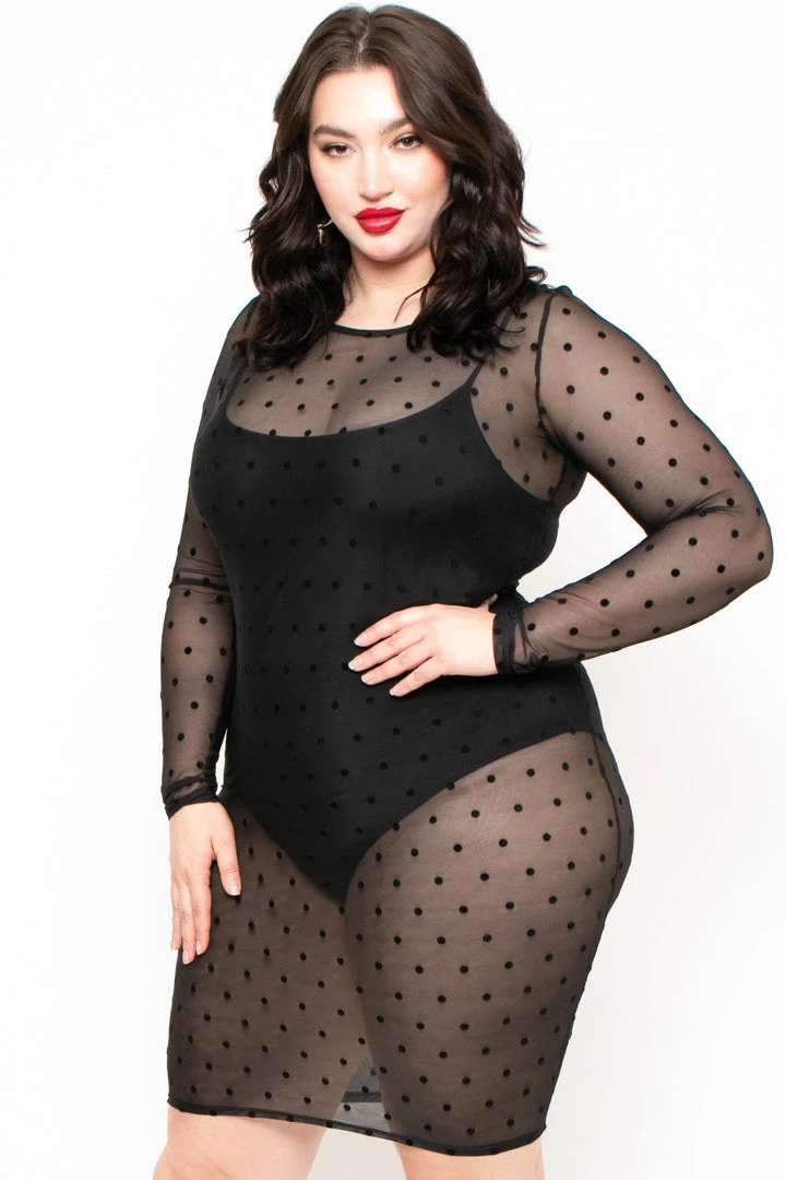 Curvy Sense Plus Size Dotted Mesh Bodycon Dress - Black Little Black Styles 4 Curvy Sense Plus Size Dotted Mesh Bodycon Dress - Black Little Black Styles