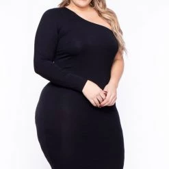 Curvy Sense Plus Size Ebony One Shoulder Dress - Black