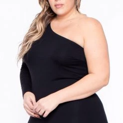 Curvy Sense Plus Size Ebony One Shoulder Dress - Black