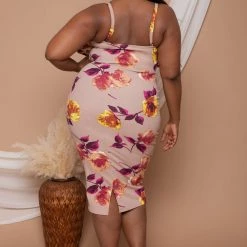 Curvy Sense New Arrivals Plus Size Eden Floral Dress- Taupe