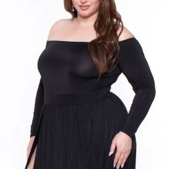 Curvy Sense Plus Size Eliana M- Slit Dress- Black Dresses