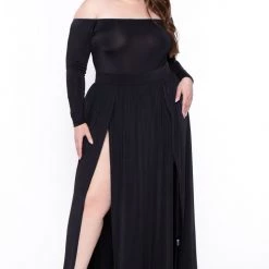 Curvy Sense Plus Size Eliana M- Slit Dress- Black Dresses