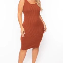 Curvy Sense Plus Size Essential Ribbed Midi Dress - Cognac