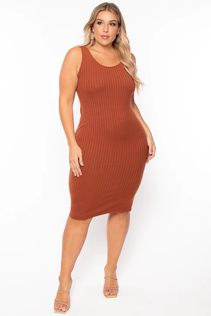 Curvy Sense Plus Size Essential Ribbed Midi Dress - Cognac 4 Curvy Sense Plus Size Essential Ribbed Midi Dress - Cognac