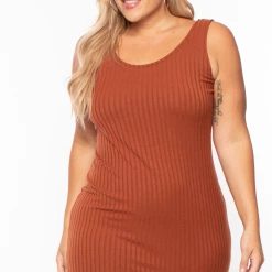Curvy Sense Plus Size Essential Ribbed Midi Dress - Cognac 13 Curvy Sense Plus Size Essential Ribbed Midi Dress - Cognac