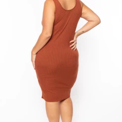 Curvy Sense Plus Size Essential Ribbed Midi Dress - Cognac 12 Curvy Sense Plus Size Essential Ribbed Midi Dress - Cognac