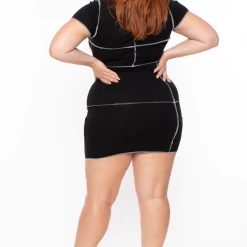 Curvy Sense Plus Size Exposed Seams Block Rib Dress - Black Dresses