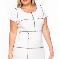Curvy Sense Plus Size Exposed Seams Block Rib Dress - White