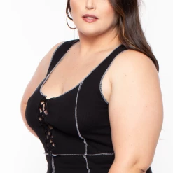 Curvy Sense Plus Size Exposed Seams Rib Dress - Black