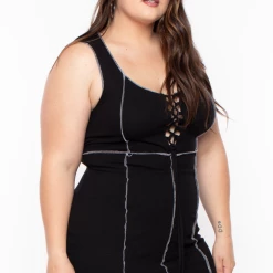 Curvy Sense Plus Size Exposed Seams Rib Dress - Black