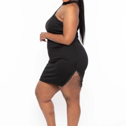 Curvy Sense Plus Size Fantasy Asymmetric Rhinestone Dress- Black Dresses