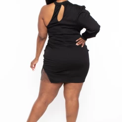 Curvy Sense Plus Size Fantasy Asymmetric Rhinestone Dress- Black Dresses
