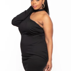 Curvy Sense Plus Size Fantasy Asymmetric Rhinestone Dress- Black Dresses