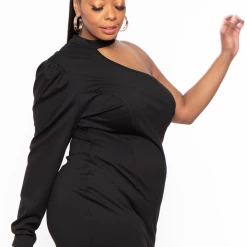 Curvy Sense Plus Size Fantasy Asymmetric Rhinestone Dress- Black Dresses