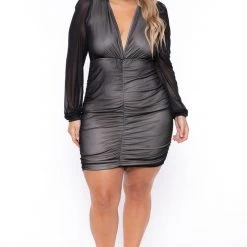 Curvy Sense Plus Size Feeling Myself Ruched Bodycon Dress- Black New Arrivals