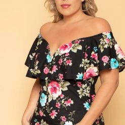 Curvy Sense Plus Size Floral Frill Bodycon Dress - Black New Arrivals