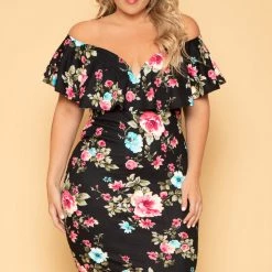 Curvy Sense Plus Size Floral Frill Bodycon Dress - Black New Arrivals