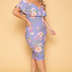 Curvy Sense New Arrivals Plus Size Floral Frill Bodycon Dress - Lavender